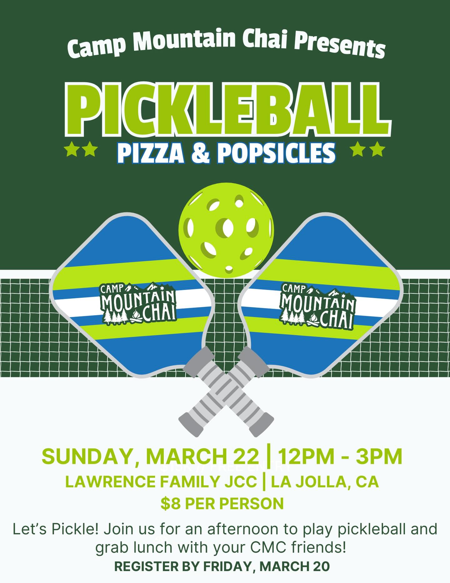 Let’s Pickle! Join your CMC friends for a fun afternoon of Pickleball, Pizza & Popsicles. We can’t wait to see you!

📅 Date: Sunday, March 22
⏰ Time: 12pm - 3pm
📍Lawrence Family JCC in La Jolla
🔗RSVP:https://tinyurl.com/CMCPickleball

#CMC#CampFriendsAreTheBestFriends #SummerCamp #CMCPickleball