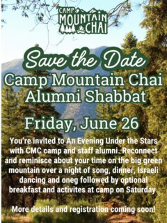 Save The Date for CMC Alumni & Staff Shabbat
📅 Date: Friday, June 26
📍At CMC

 Join us for Shabbat dinner and evening activities.  Visit camp again on Saturday for Tefillah and activities. 

Registration coming soon!
.
.
.
.
#CMC#CampFriendsAreTheBestFriends #SummerCamp #CMCAlumni