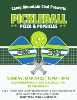 Let’s Pickle! Join your CMC friends for a fun afternoon of Pickleball, Pizza & Popsicles. We can’t wait to see you! Remember to RSVP by Friday, March 20. 

📅 Date: Sunday, March 22
⏰ Time: 12pm - 3pm
📍Lawrence Family JCC in La Jolla
🔗RSVP:https://tinyurl.com/CMCPickleball

#CMC#CampFriendsAreTheBestFriends #SummerCamp #CMCPickleball