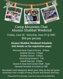 Join us for Alumni Weekend at CMC on Friday, June 26 to Saturday, June 27.  Don’t miss this chance to reminisce with camp friends and celebrate your years at CMC. We can’t wait to see you! Register at https://bit.ly/4dKzZBw
.
.
.
.
#Campfriendsarethebest friends #alumnishabbat #Campmountainchaialumni